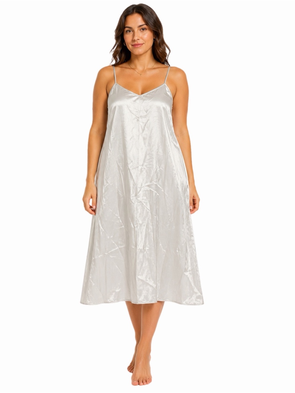 90s European Vintage Satin Silky Midi Slip Dress Minimalist (Ivory) Size Medium